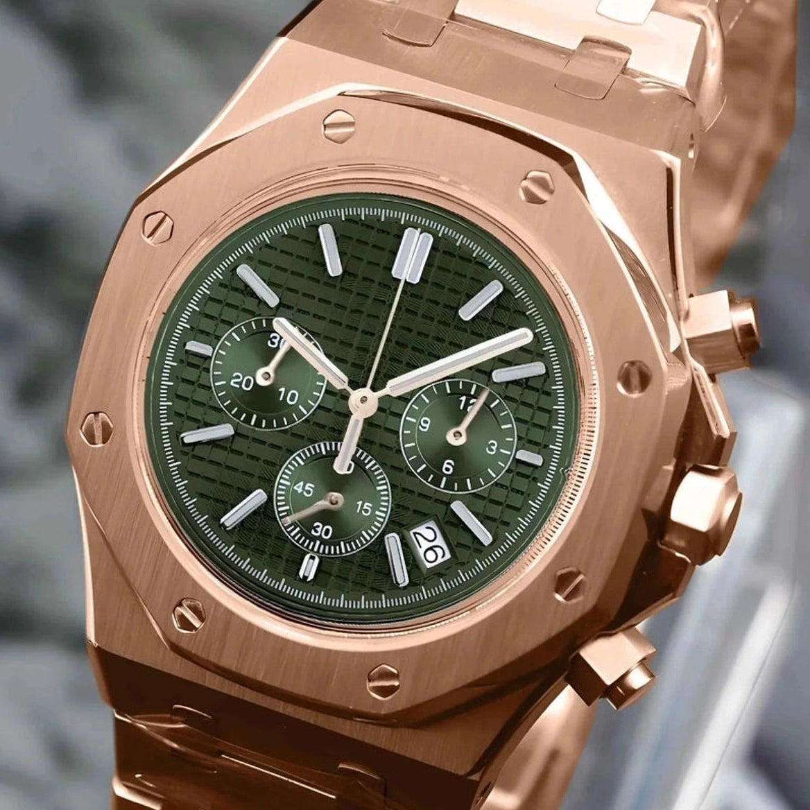 Seikoak Luxury Chronograph | Rose Gold Olive Green Stainless Steel