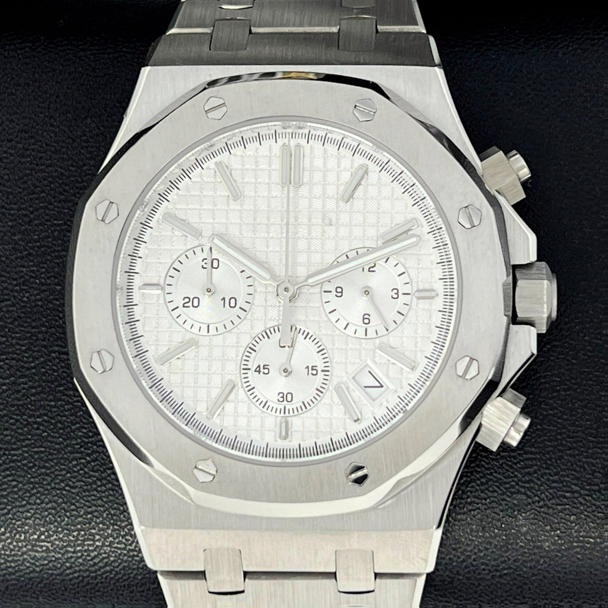 Seikoak Luxury Chronograph | White on Stainless Steel | Sport Watch 42mm | Royal | Oak | Waffle Dial | VK63 Wristwatch | Custom Men's Watch