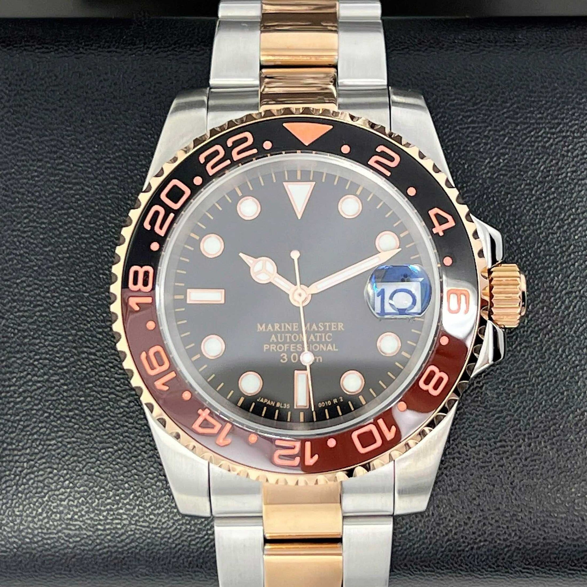 Custom Rootbeer Two Tone GMT Watch | Stainless Steel Sport Watch | Custom Sub | 20mm Oyst Bracelet | Perpetual Date | Sub | 41mm