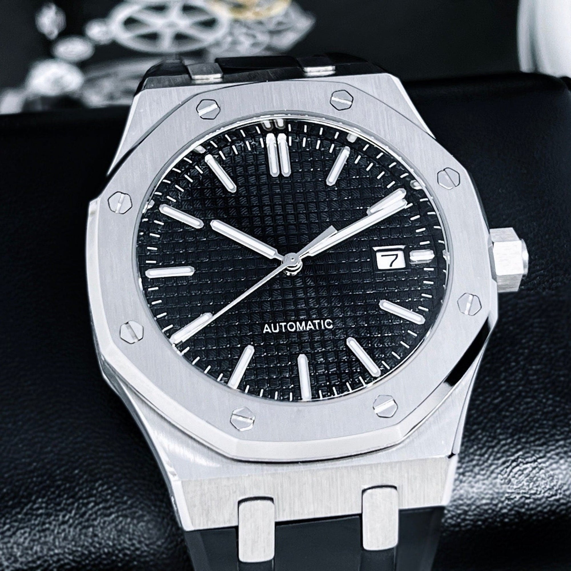 Seikoak on Rubber - Modern Stainless Steel with Rugged Rubber Strap - Luxury Dress and Sport Watch | Black Waffle Dial | Mod | Custom