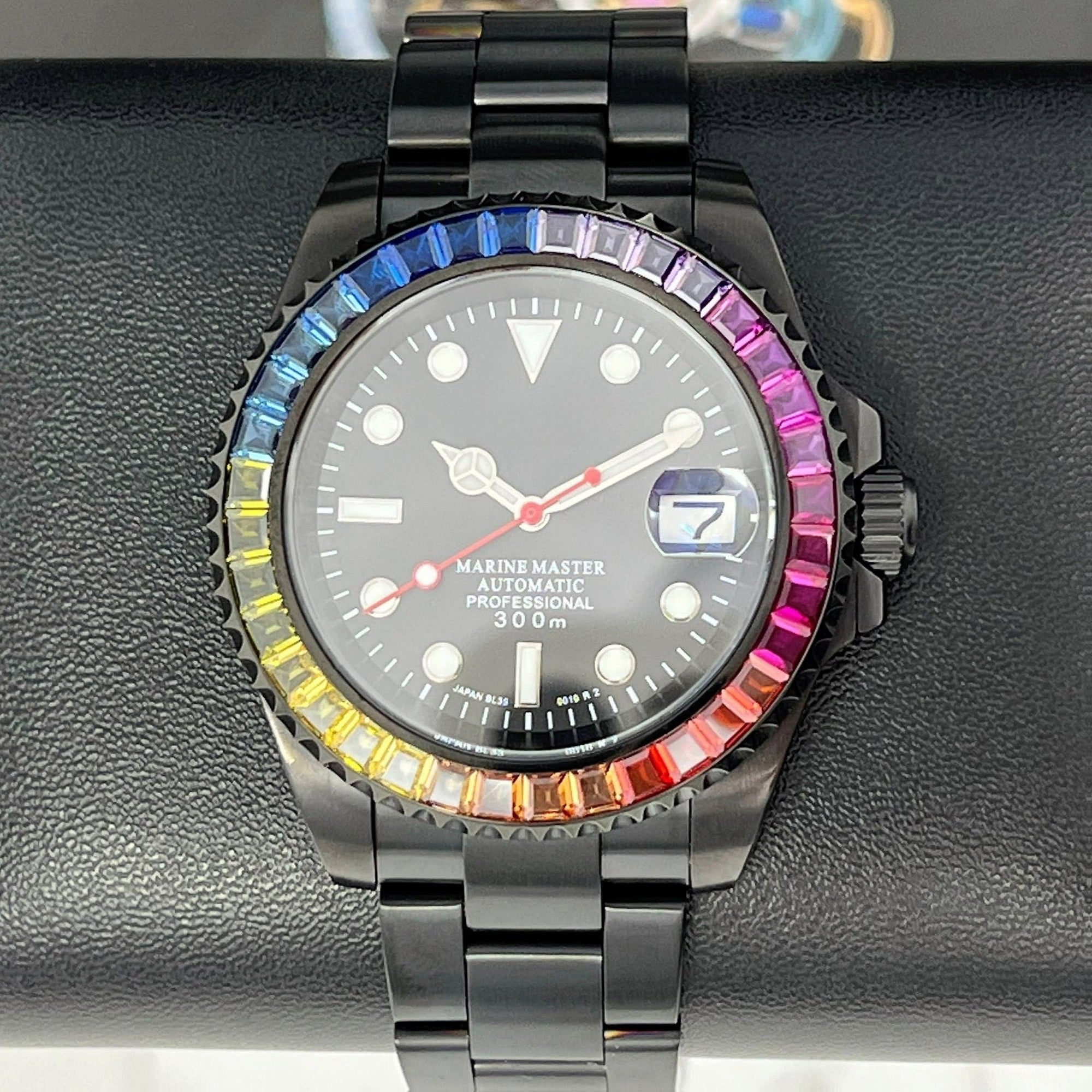 Rainbow Stealth | Black with Sapphire Crystal | Oyst Steel Bracelet | Jewel | Bust Down | Gem Frost | Bling | Color | Watch Mod