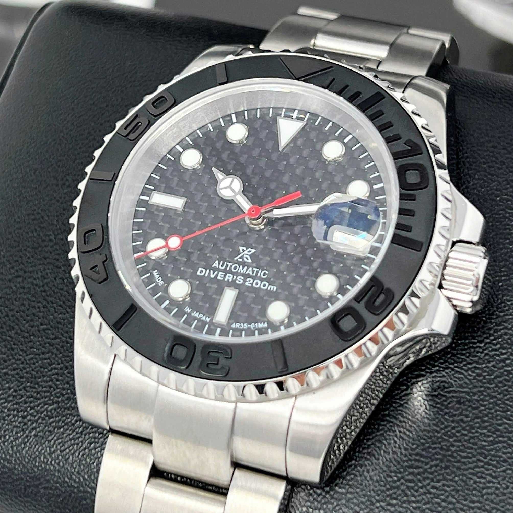 Custom Carbon Fiber Yacht Watch | Red Hand NH35 | Seiko Mod