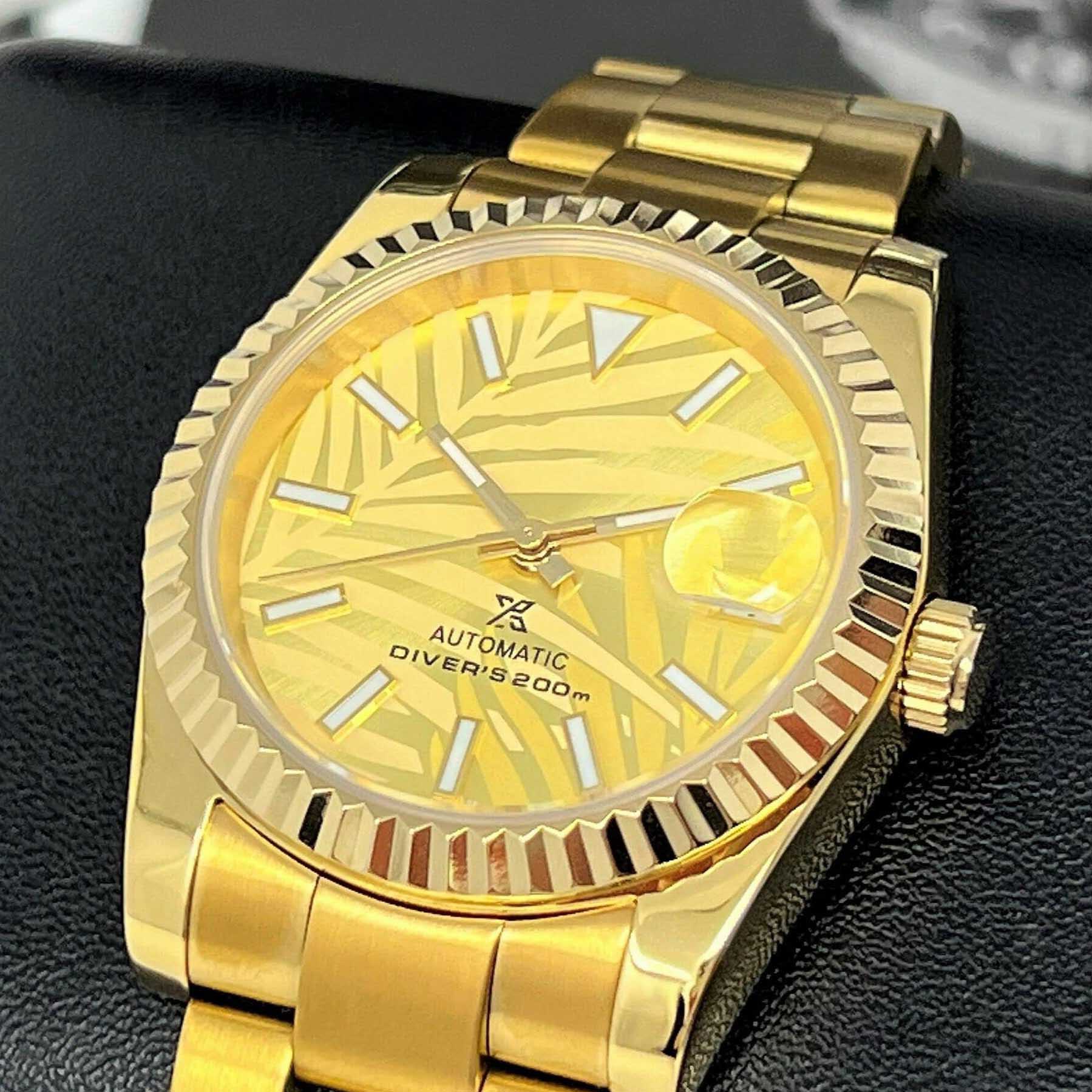Palm Gold on Gold Datejust | 36mm | Fluted Bezel | Jub | Date | NH35 | Mod | Watch Mod | Custom Watch