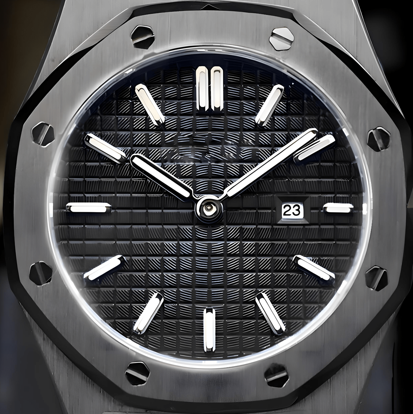 Luxury ladies watch with a black face and silver case on a dark background