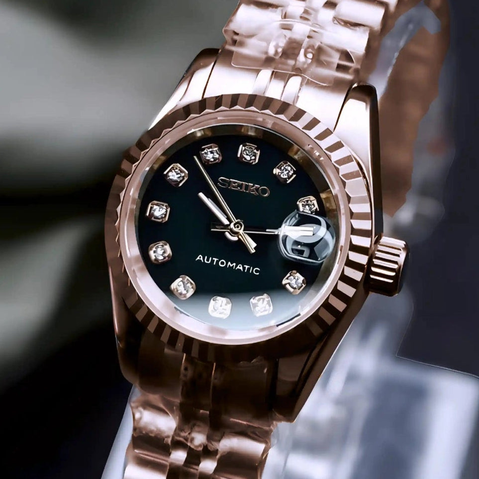 Ladies rose gold Band with Black dial