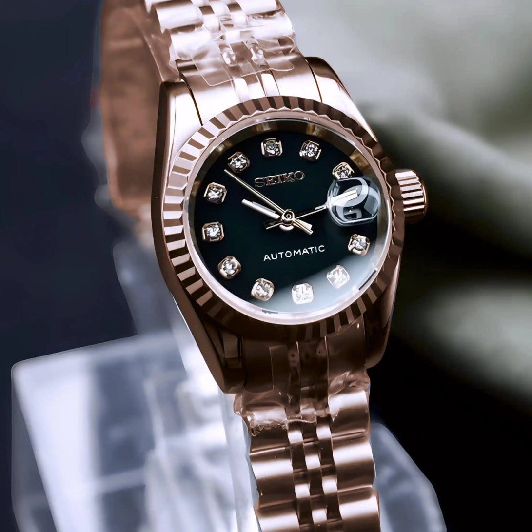 Ladies rose gold Band with Black dial