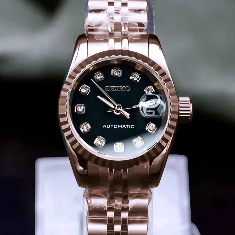 Ladies rose gold Band with Black dial