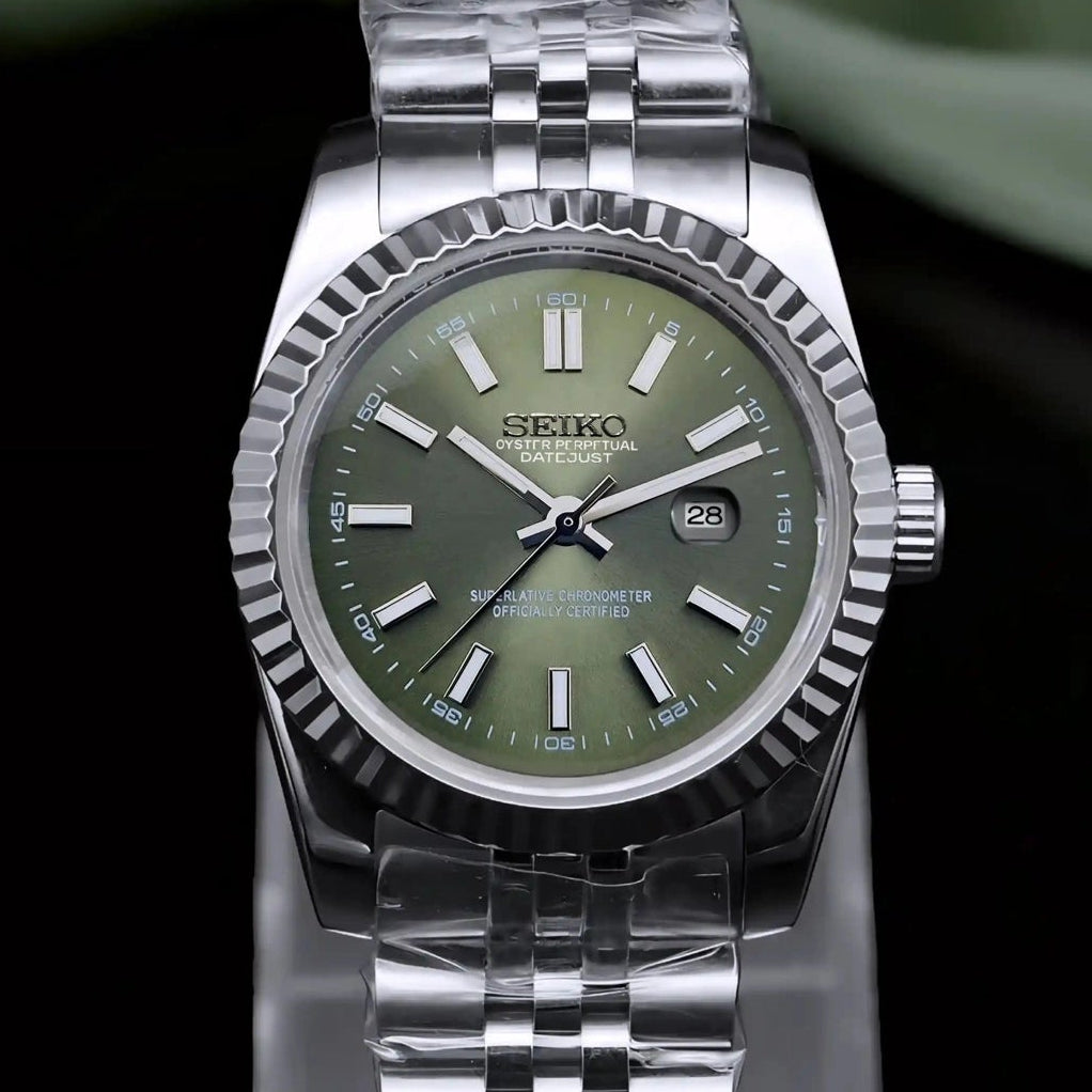 31mm Olive Green Dial Ladies watch with Silver Band