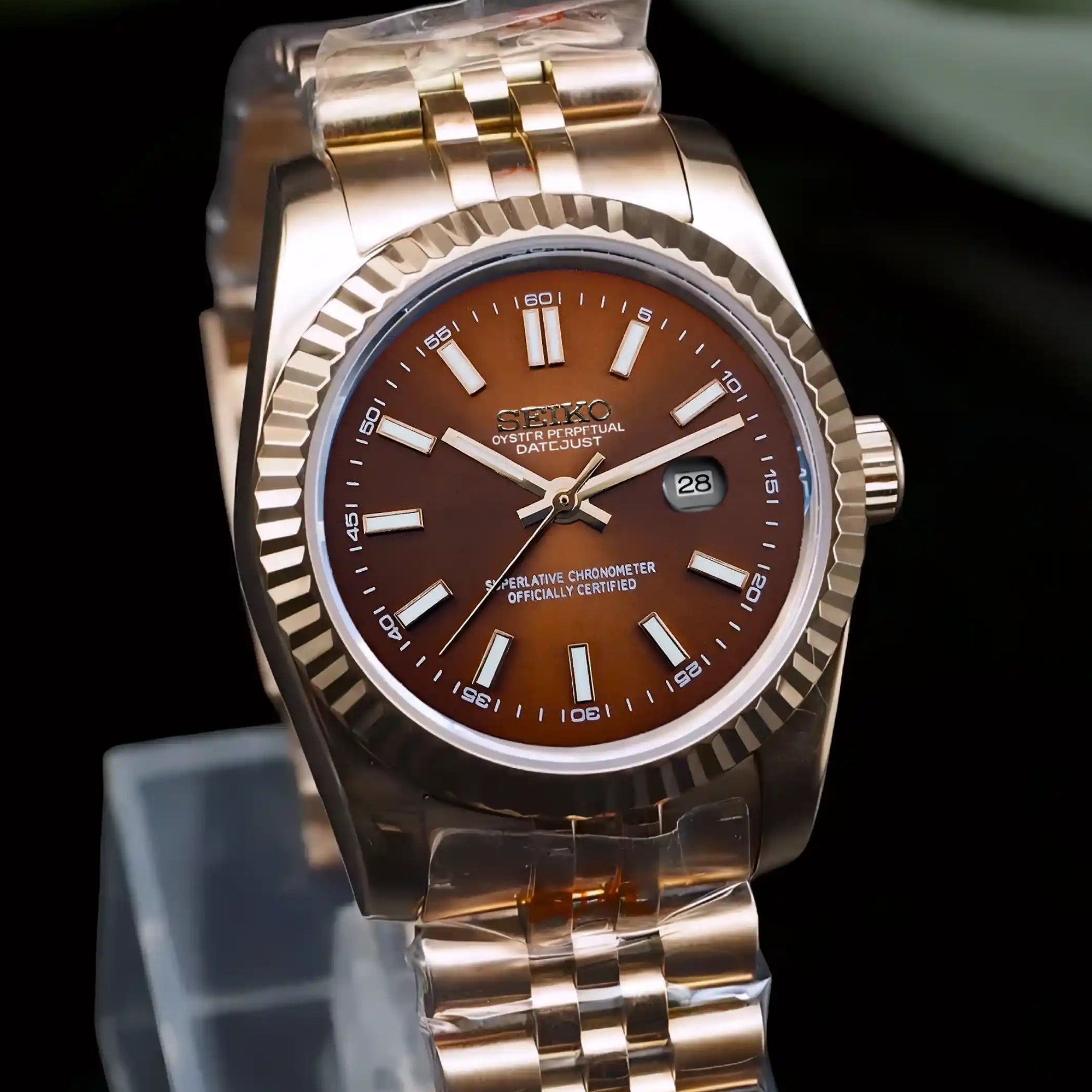 Custom Ladies Rose Gold Brown DJ Automatic Watch | 31mm | NH05