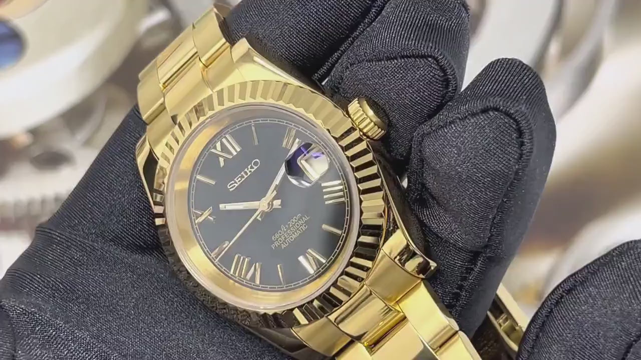 Seiko Gold and Black 39mm Datejust | Roman Numeral | Fluted Bezel | Oyster | NH35 | Seiko Mod | Watch Mod | Custom Watch | DJ36 | Buckley