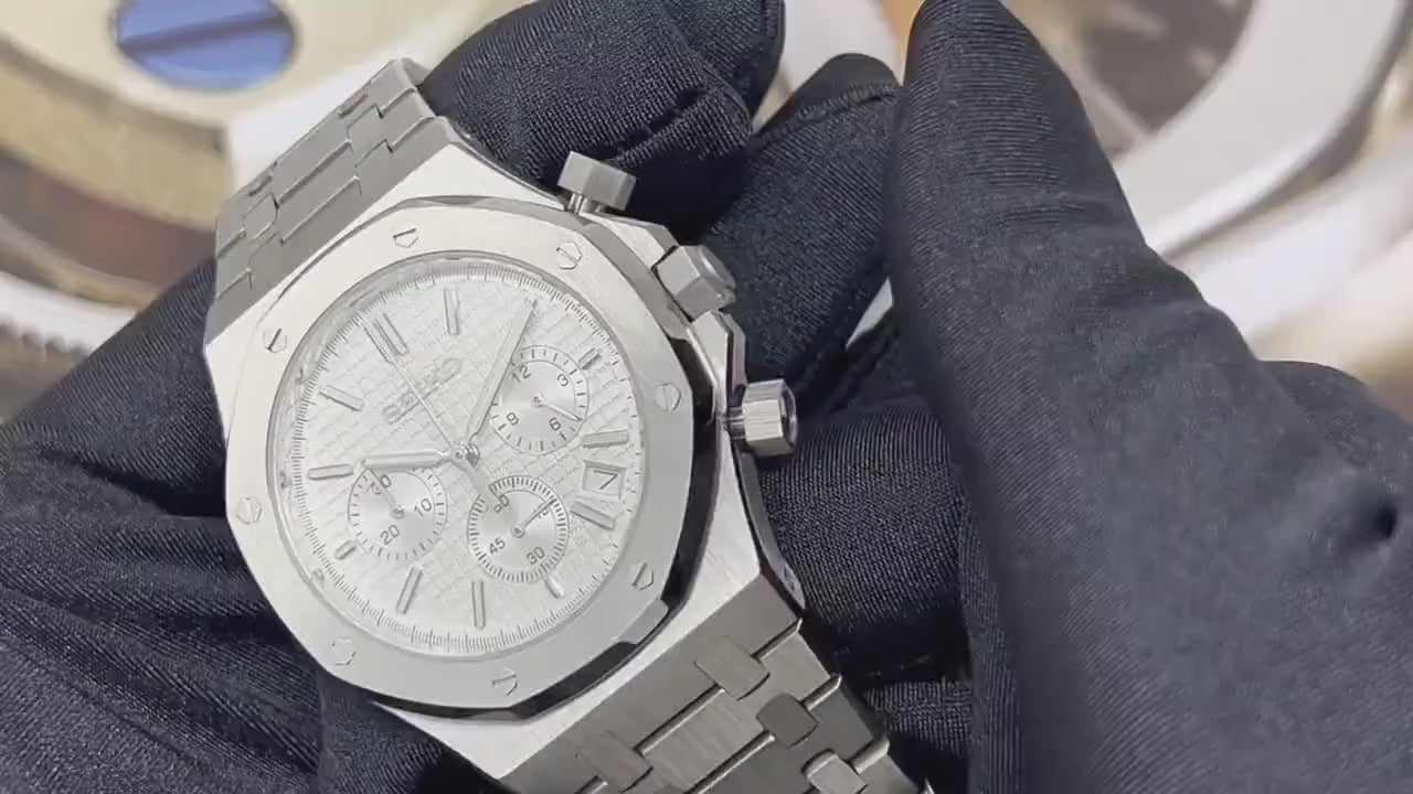 Seikoak Luxury Chronograph | White on Stainless Steel | Sport Watch 42mm | Royal | Oak | Waffle Dial | VK63 Wristwatch | Men's Watch