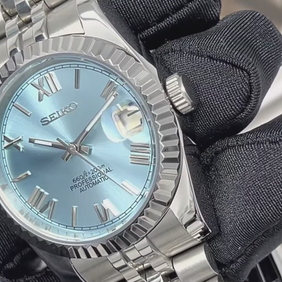 Seiko Rare Ice Blue Datejust 36mm 39mm | Fluted Bezel | Jubilee | NH35 | Seiko Watch Mod | Buckley Dial | DJ36 | Roman Numeral | Platinum