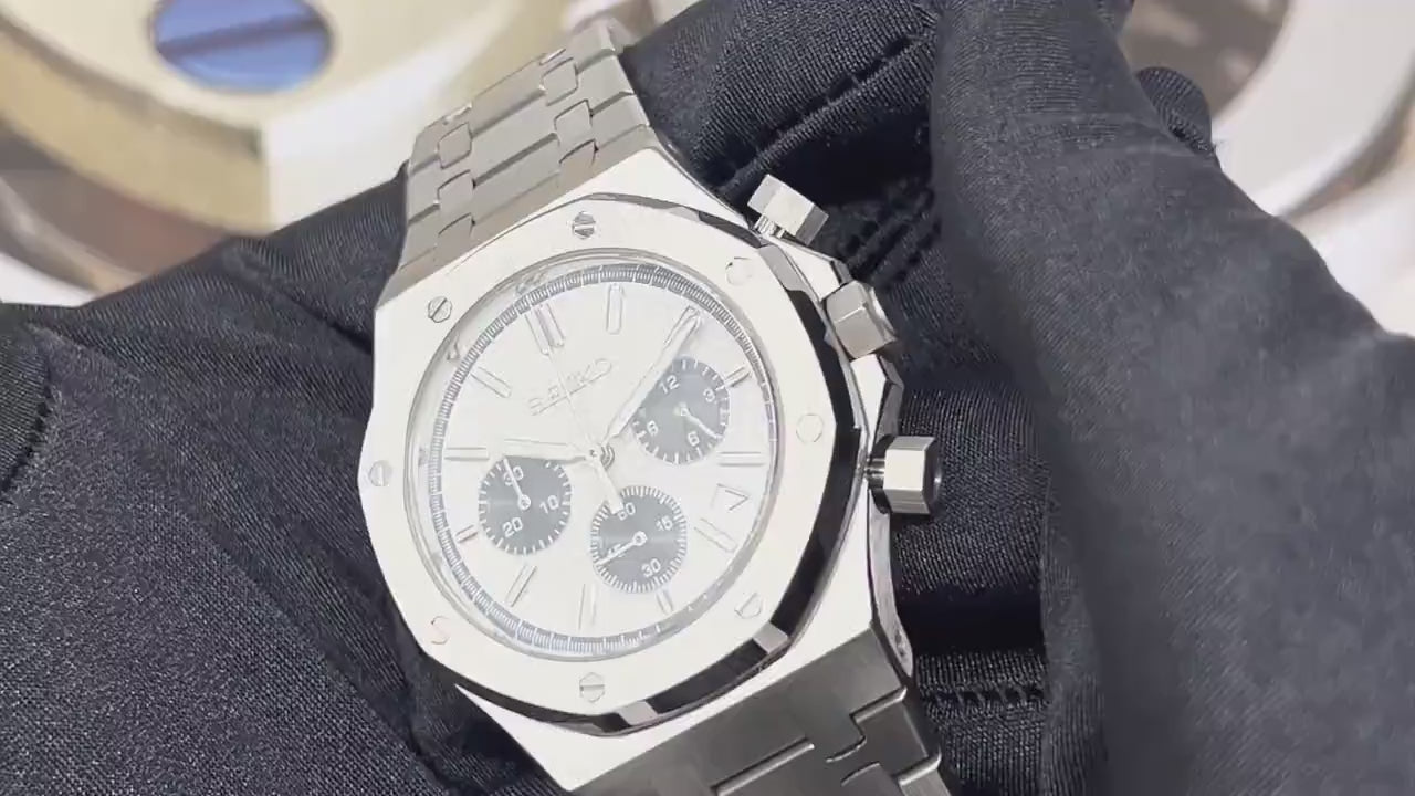 Seikoak Luxury Chronograph | Panda Dial on Stainless Steel | Sport Watch 42mm | Royal | Oak | Waffle Dial | VK63 Wristwatch | Men's Watch