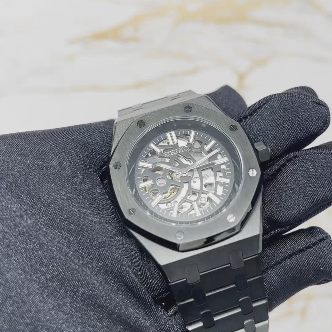 Seikoak Skeleton Watch | Blacked Out See Through Open Heart | Skeleton Watch Movement | Black Wristwatch | Mens Watch | Watch Mod | NH70