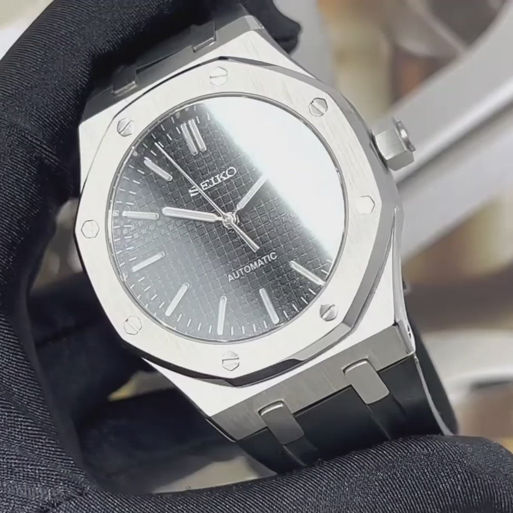 Seikoak - Modern Stainless Steel with Rugged Rubber Strap - Luxury Dress and Sport Watch | Black Waffle Dial | Seiko Mod | Custom