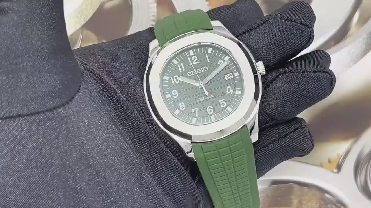 Seikonaut - Green on Rubber - Modern Automatic Sport Dress Watch | Sapphire Crystal | Khaki Tropical Green | Turtle Waffle | Jumbo | Olive