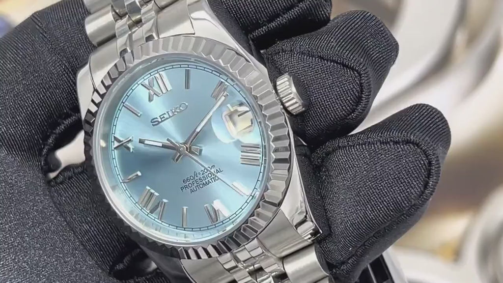 Seiko Rare Ice Blue Datejust 36mm 39mm | Fluted Bezel | Jubilee | NH35 | Seiko Watch Mod | Buckley Dial | DJ36 | Roman Numeral | Platinum