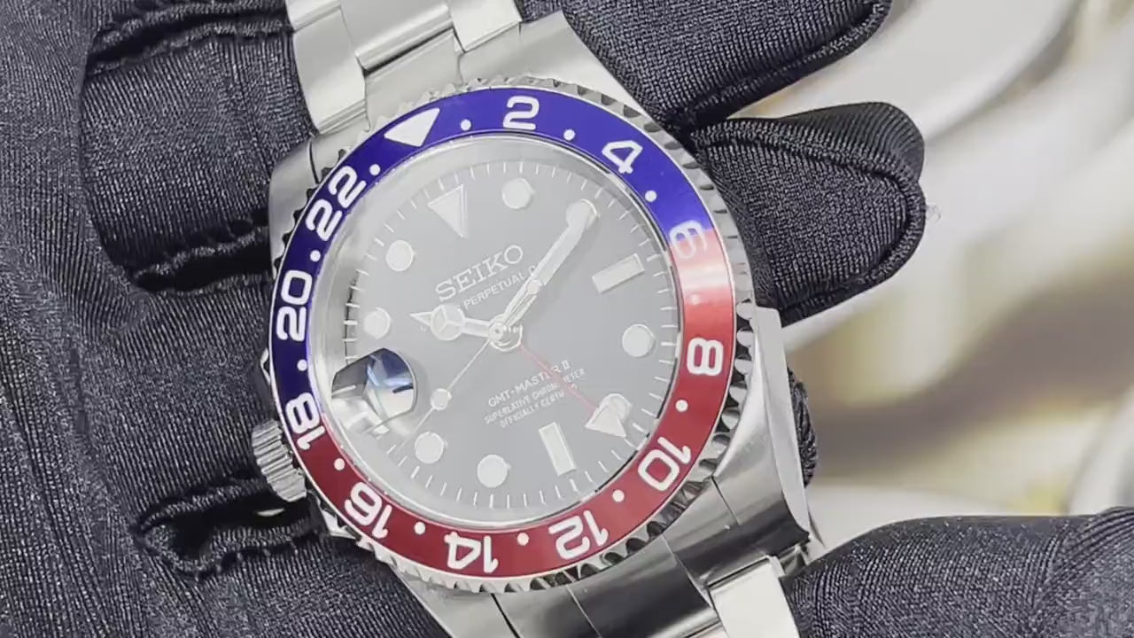 Seiko Pepsi Full GMT - Left Hand | Blue and Red | NH34 movement | 41mm | Timezone | Automatic Custom Watch | Watch Mod | Destro | South Paw