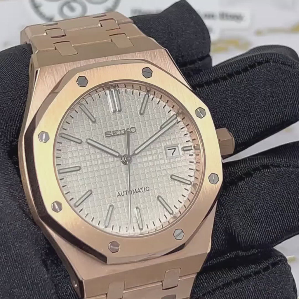 Seikoak Rose Gold Luxury Dress Watch | White Dial | Seiko Mod | Watch Mod | Custom Watch | NH35 Automatic Movement | 42mm | Steel Sport