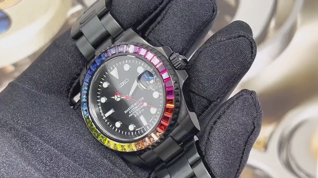 Seiko Rainbow Stealth 2023 | Black with Sapphire Crystal | Oyster Steel Bracelet | Jewel | Bust Down | Gem Frost | Bling | Color | Watch Mod