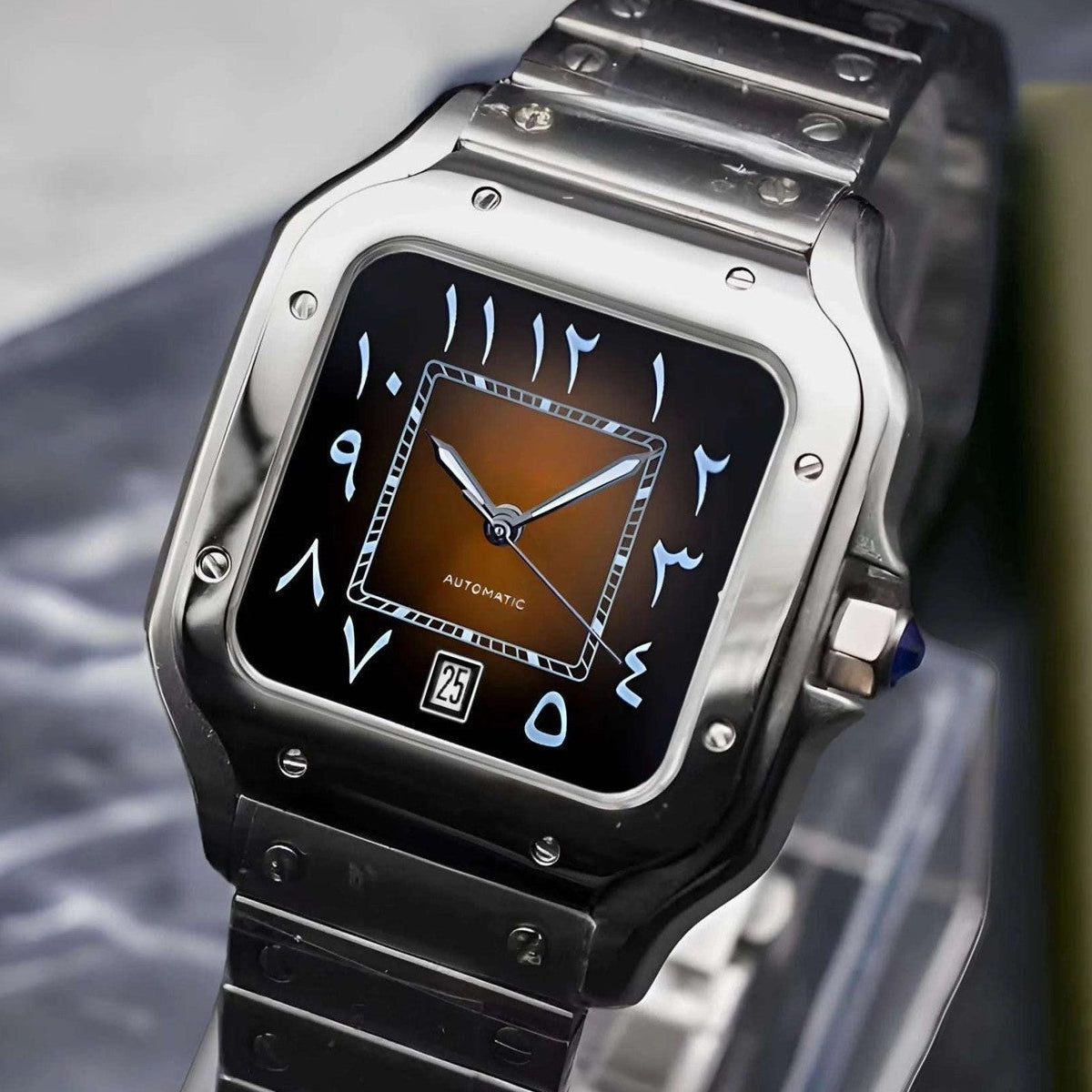Santos mod watch with arabic brown dial and stainless steel case
