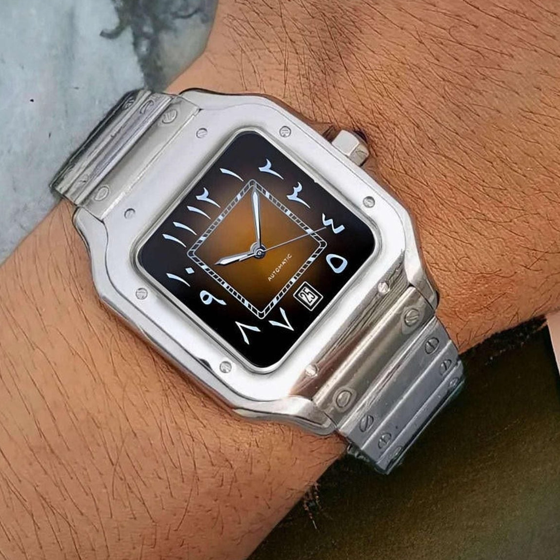 Santos mod watch with arabic brown dial and stainless steel case