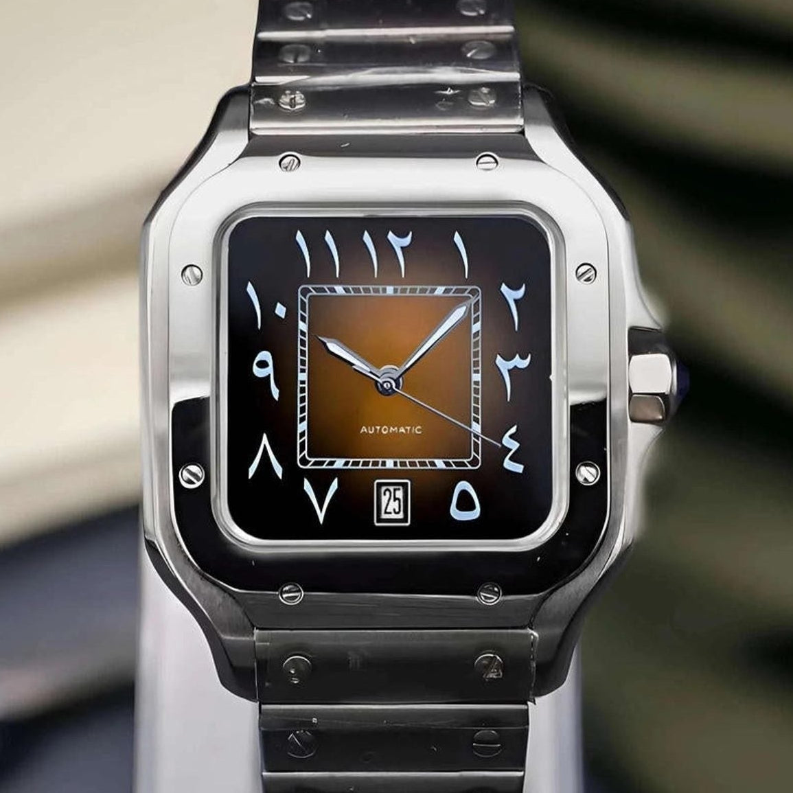 Santos mod watch with arabic brown dial and stainless steel case
