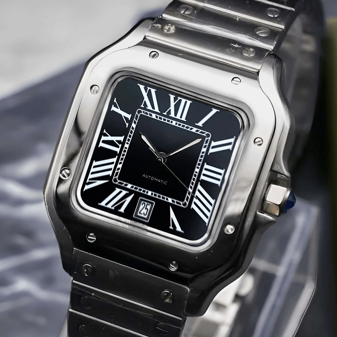 Santos mod watch with black dial and stainless steel case