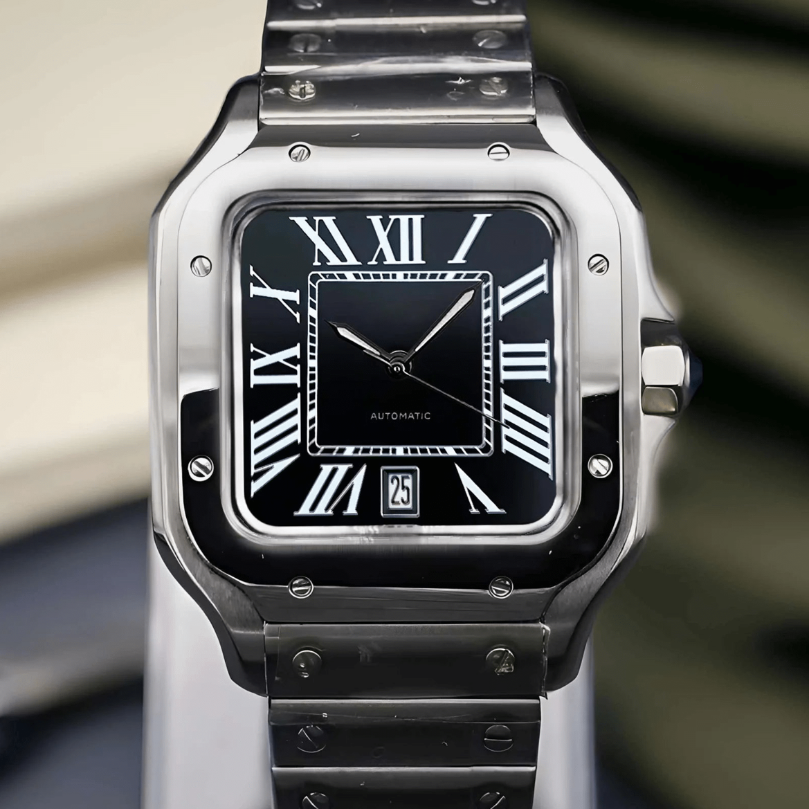 Santos mod watch with black dial and stainless steel case