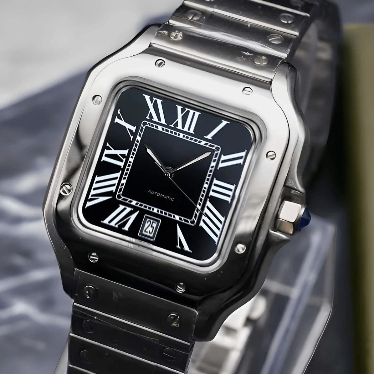 Santos mod watch with black dial and stainless steel case