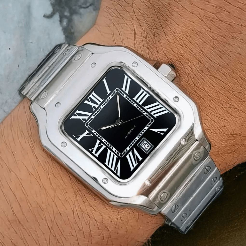 Santos mod watch with black dial and stainless steel case