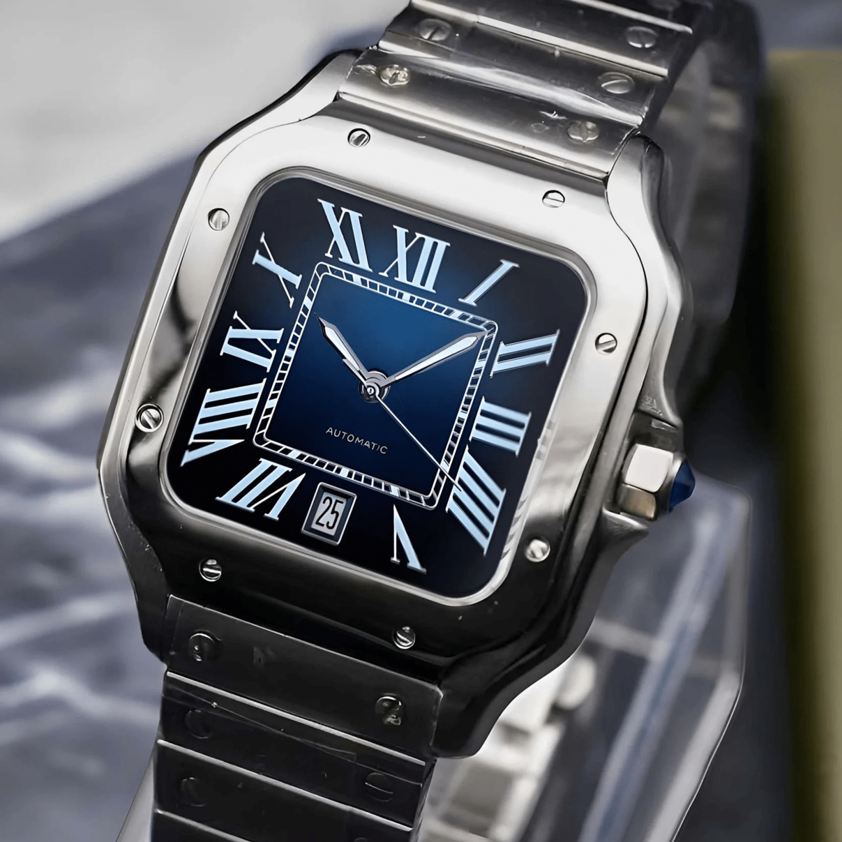 Santos mod watch with blue dial and stainless steel case