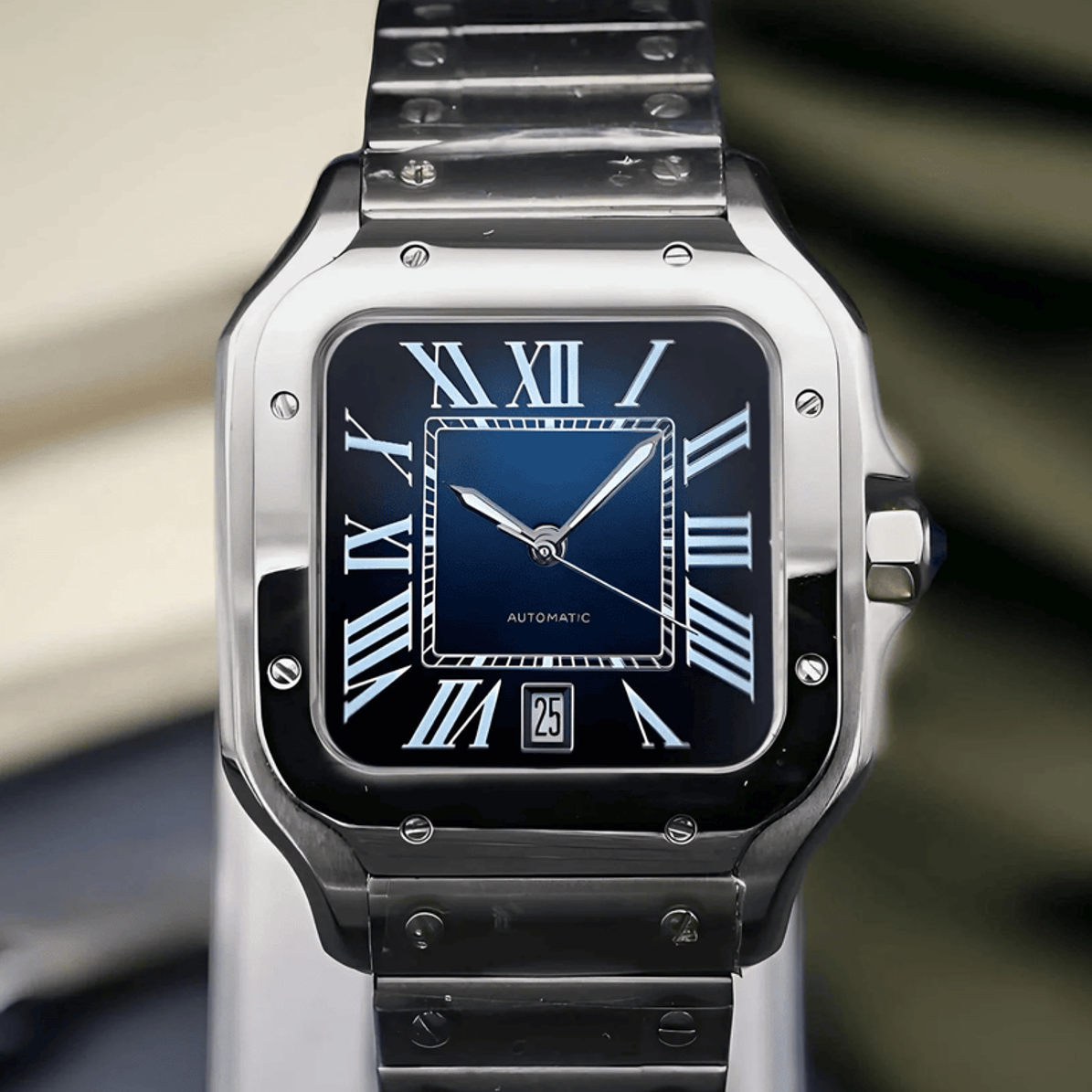 Santos mod watch with blue dial and stainless steel case