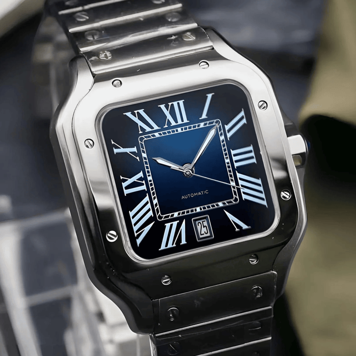 Santos mod watch with blue dial and stainless steel case