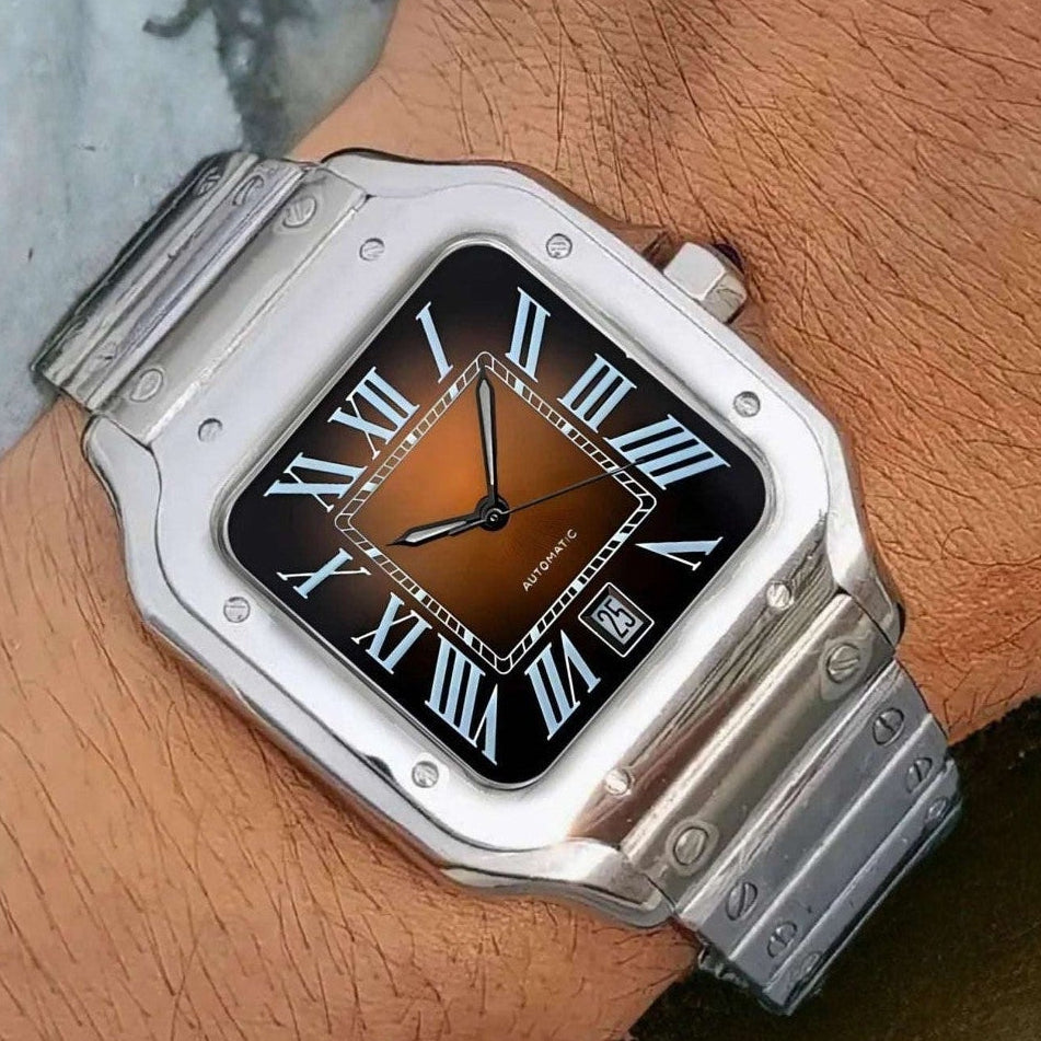 Silver watch with brown face on a stand