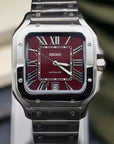 Santos mod watch with burgundy dial and stainless steel case