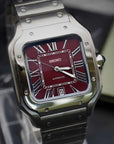 Santos mod watch with burgundy dial and stainless steel case