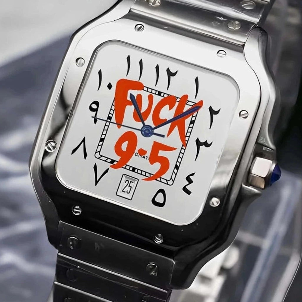 Fuck 9-5 White dial with red text and Silver Band