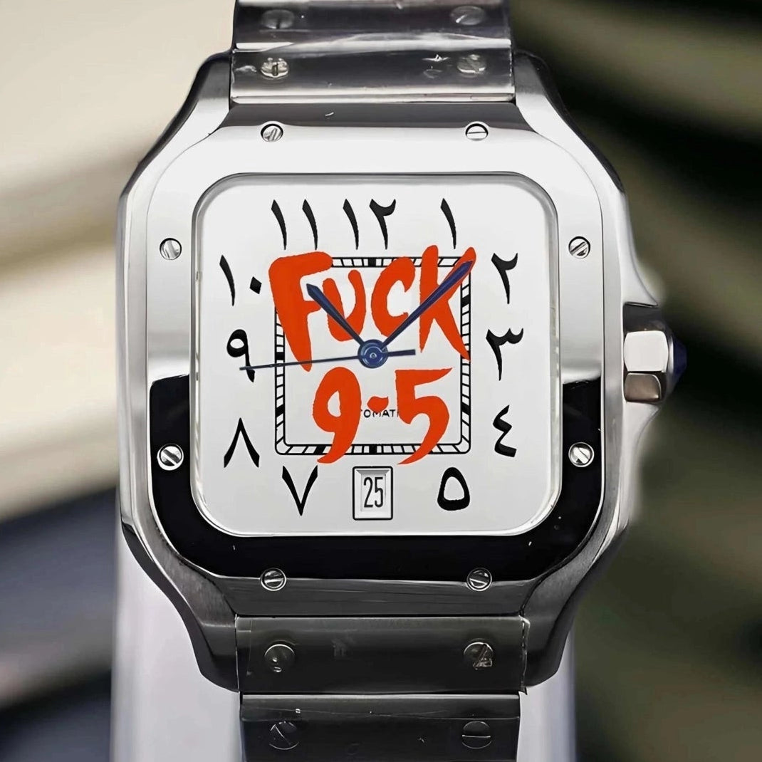 Fuck 9-5 White dial with red text and Silver Band