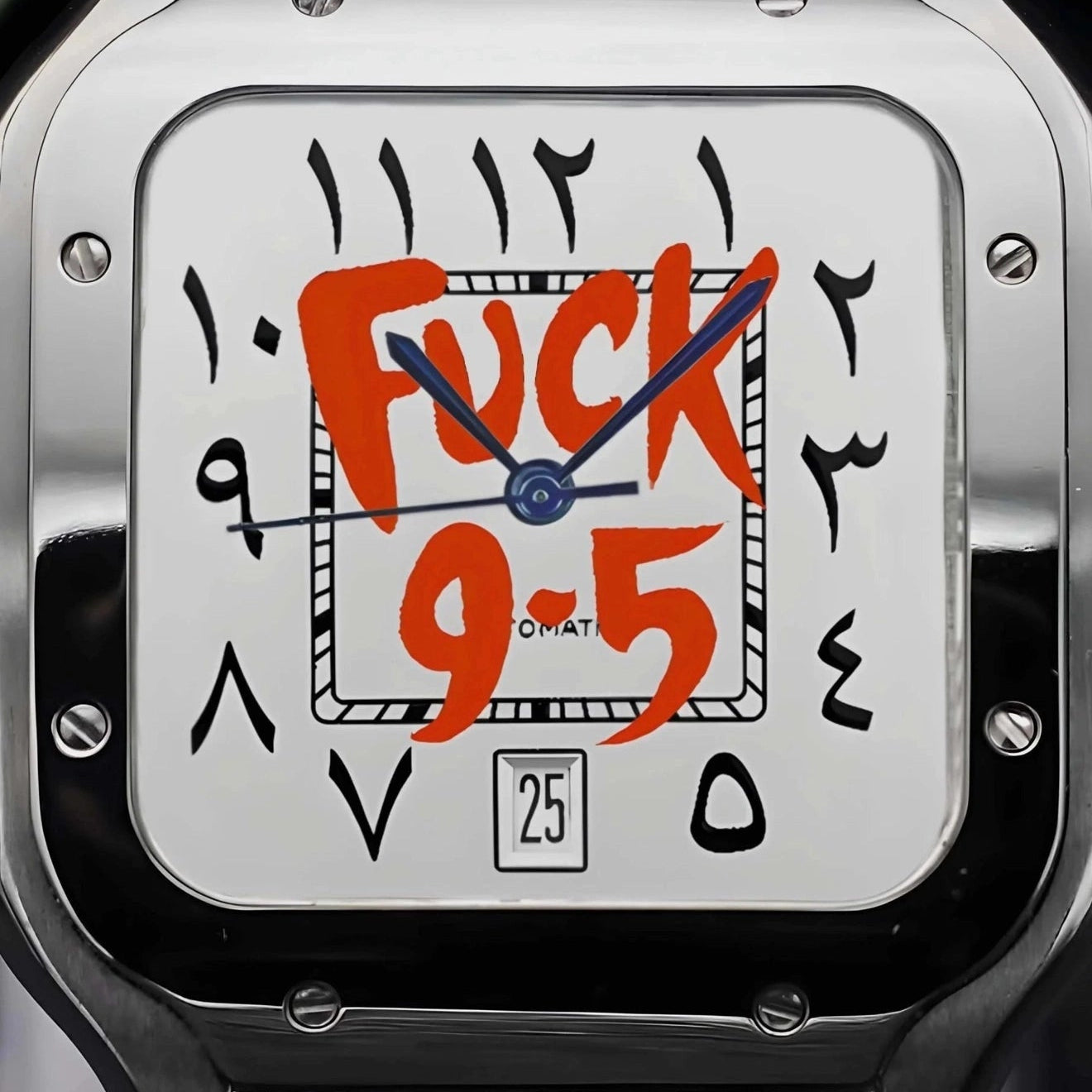 Fuck 9-5 White dial with red text and Silver Band