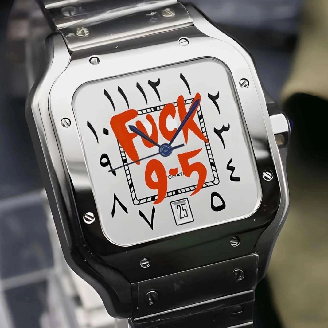 Fuck 9-5 White dial with red text and Silver Band