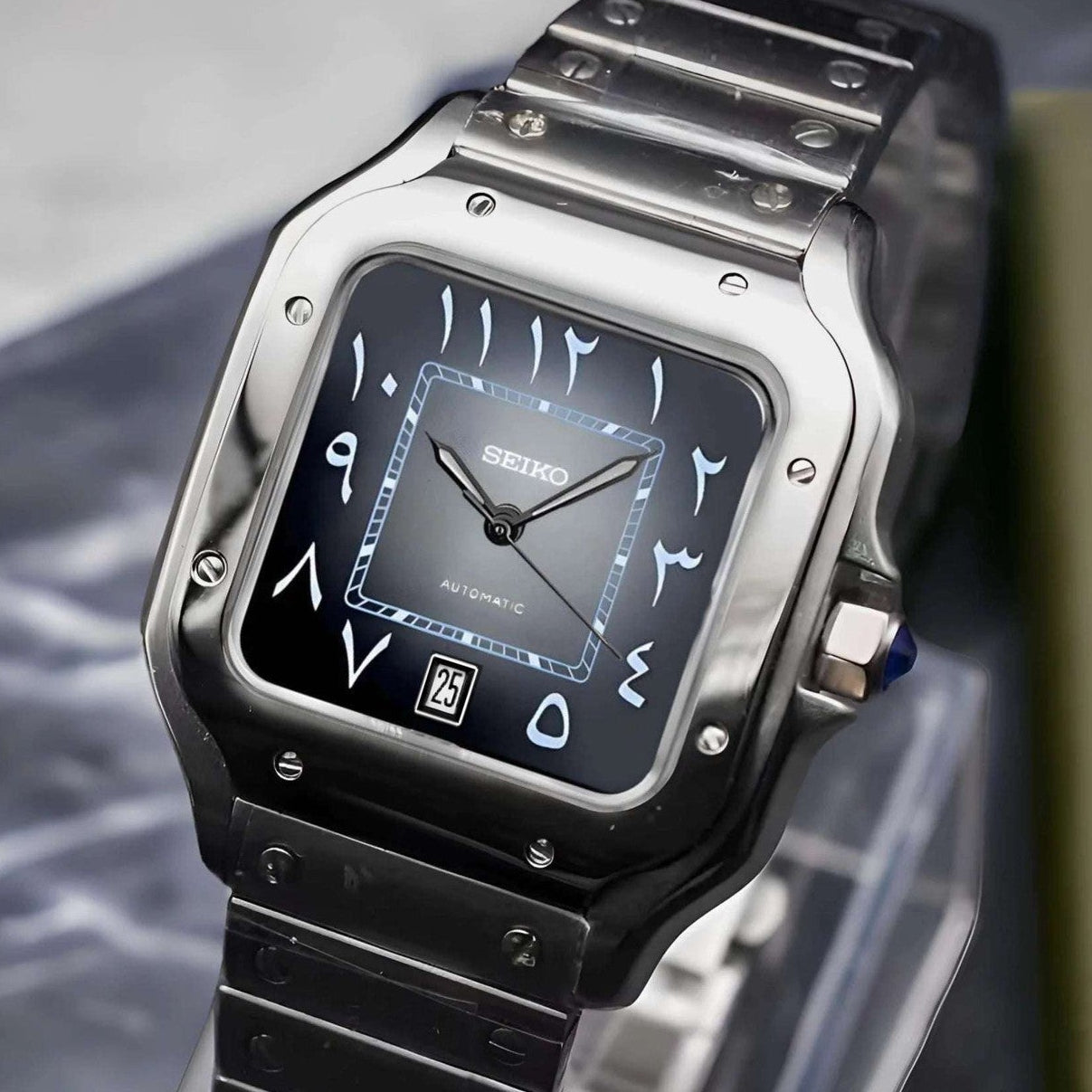 Santos mod watch with gray black arabic dial and stainless steel case