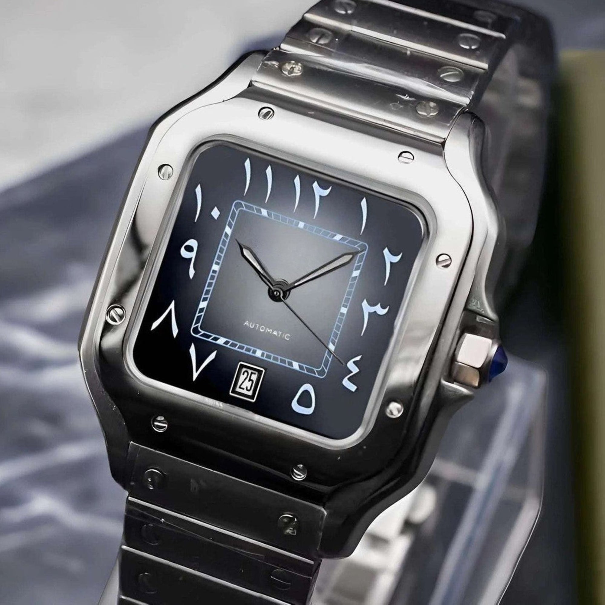 Santos mod watch with gray black arabic dial and stainless steel case