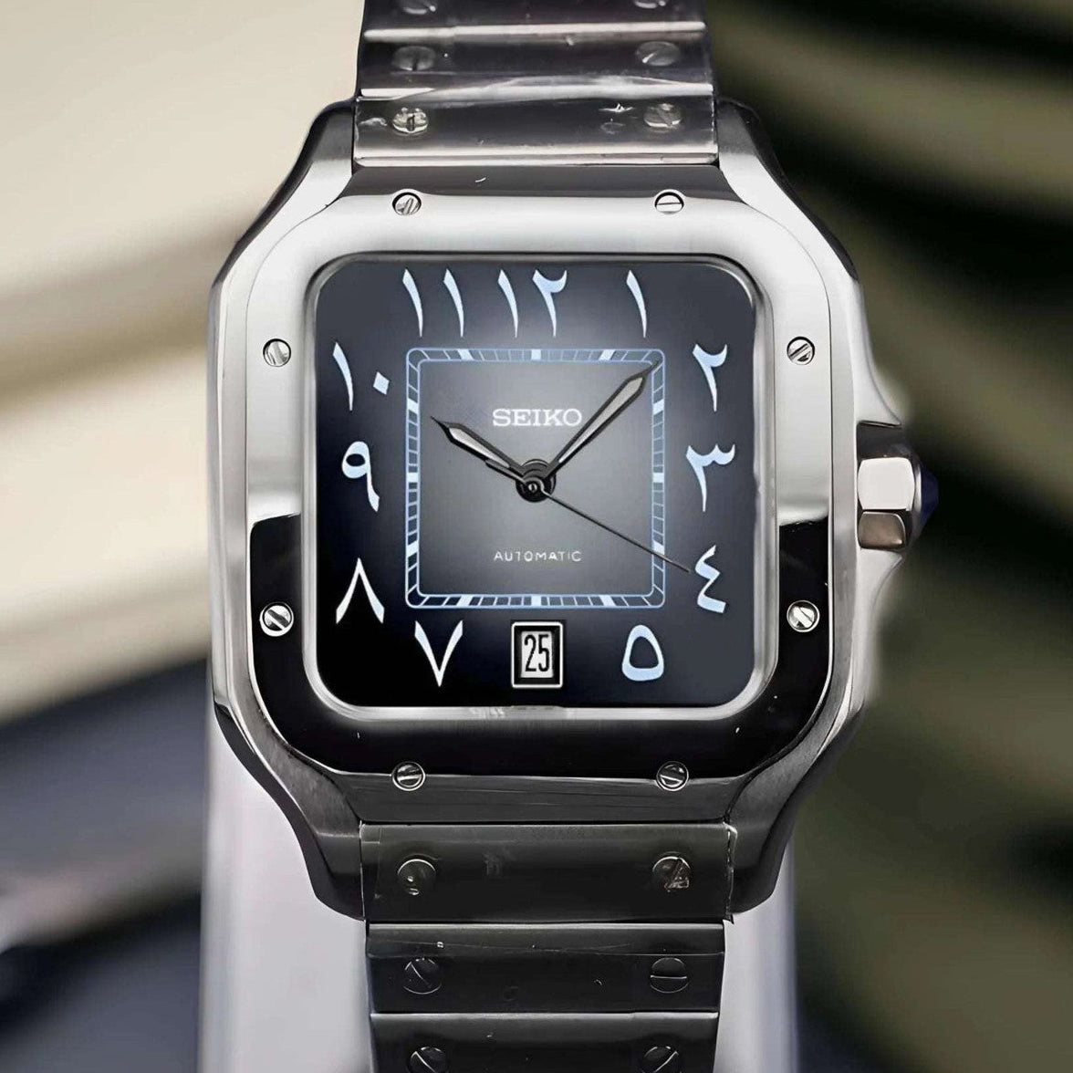 Santos mod watch with gray black arabic dial and stainless steel case