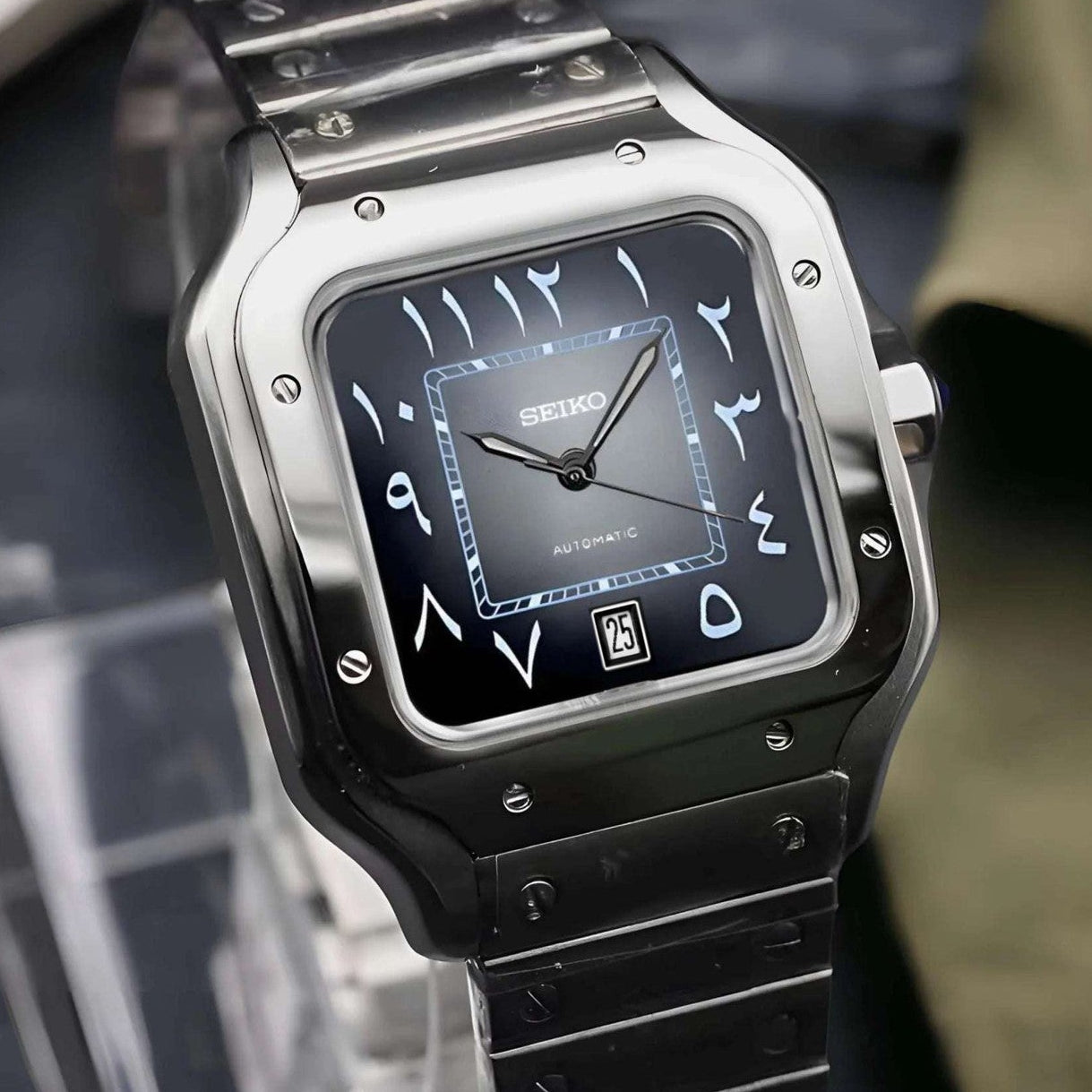 Santos mod watch with gray black arabic dial and stainless steel case