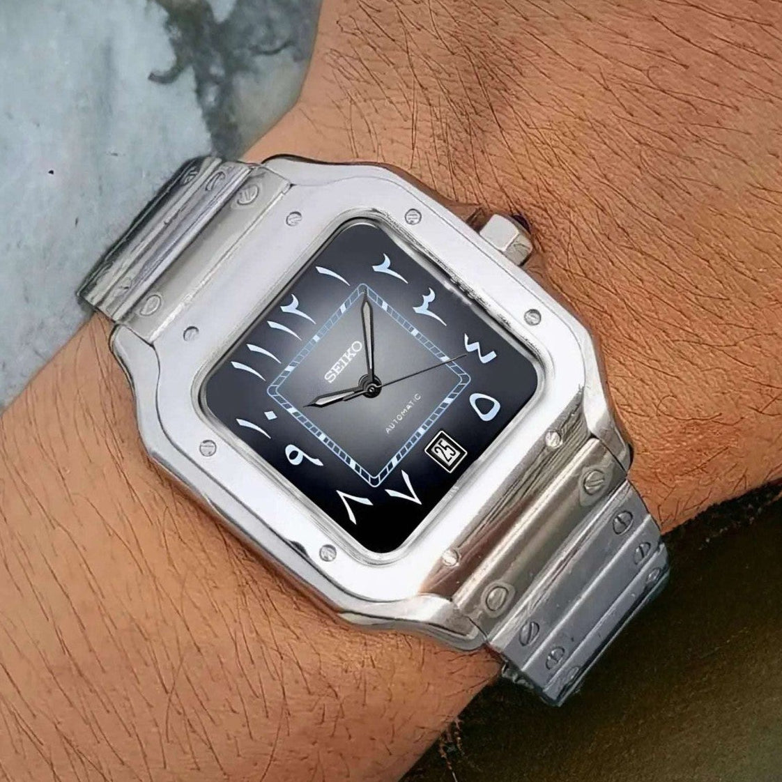 Santos mod watch with gray black arabic dial and stainless steel case