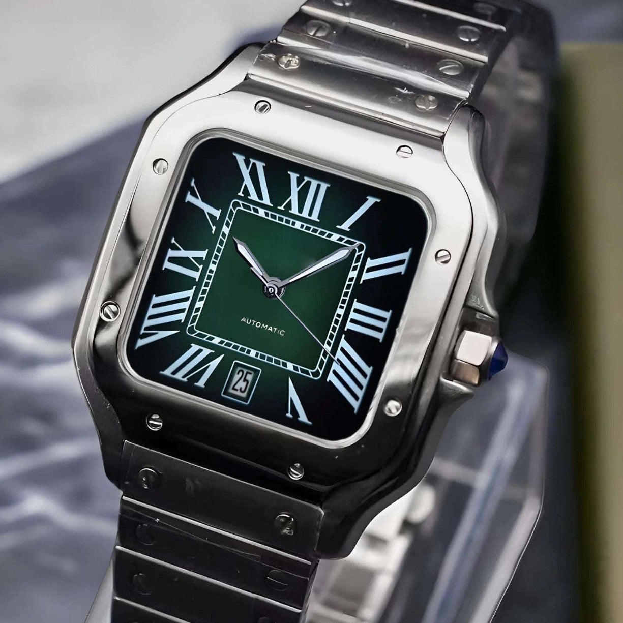 Santos mod watch with green dial and stainless steel case