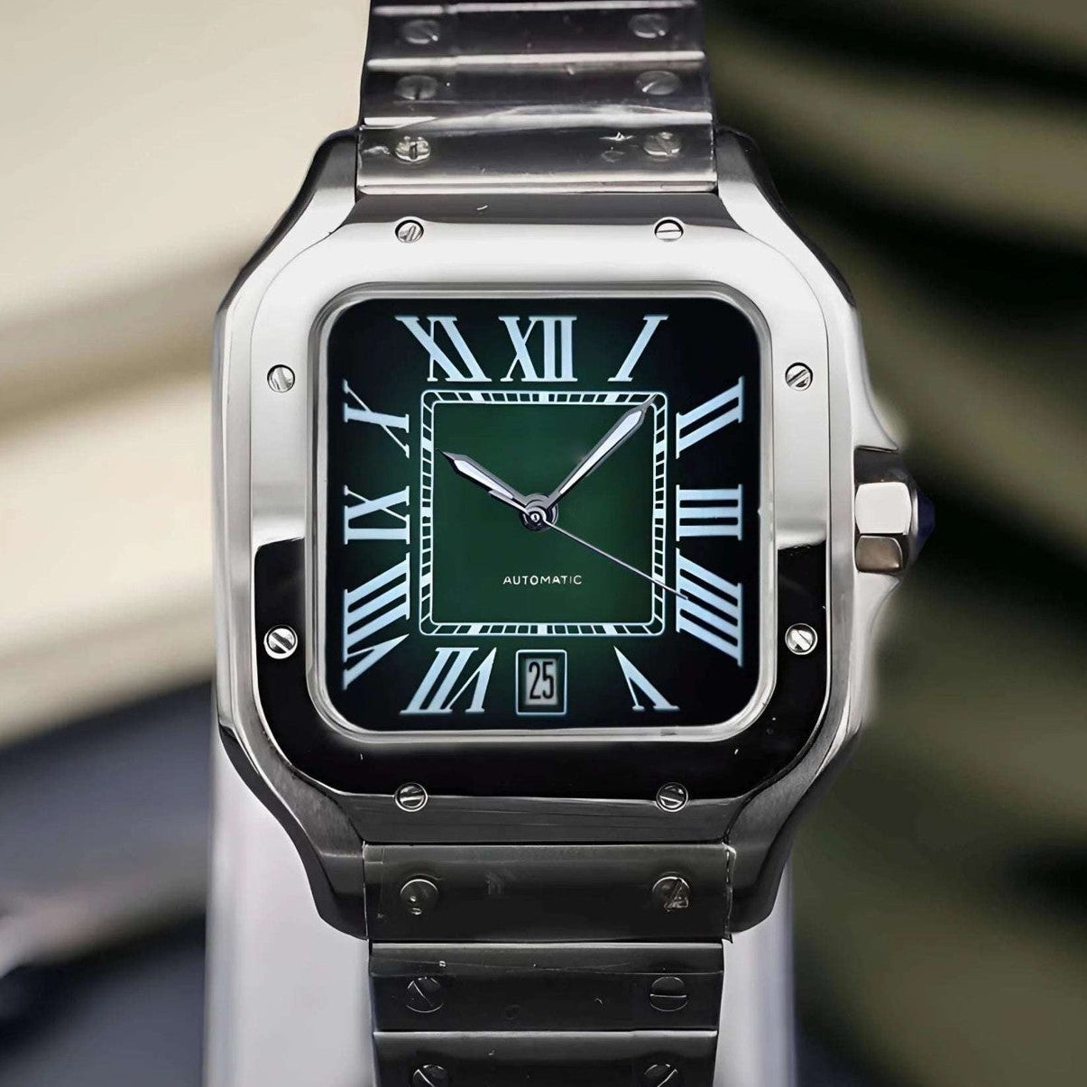Santos mod watch with green dial and stainless steel case