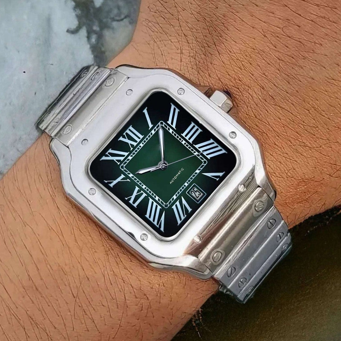 Santos mod watch with green dial and stainless steel case
