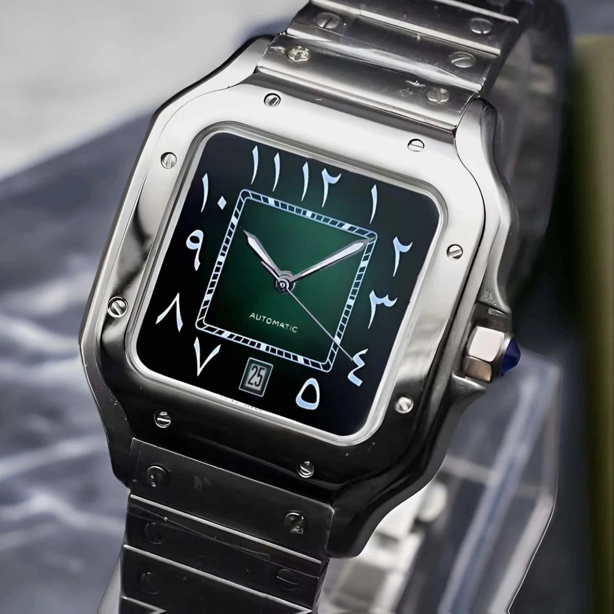 Santos mod watch with green arabic dial and stainless steel case